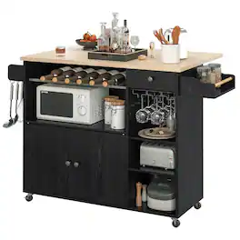 JETRANSPORT - Rolling Kitchen Island Cart With Drop-leaf And Wine Rack Microwave Serving On Wheels Drawer & Shelves - Black