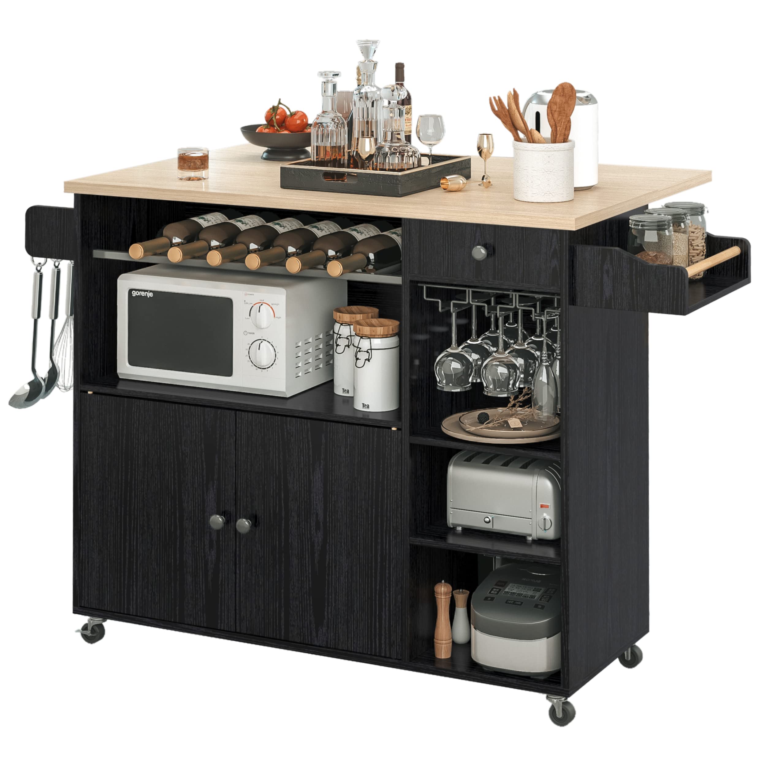 Front. JETRANSPORT - Rolling Kitchen Island Cart With Drop-leaf And Wine Rack Microwave Serving On Wheels Drawer & Shelves - Black.