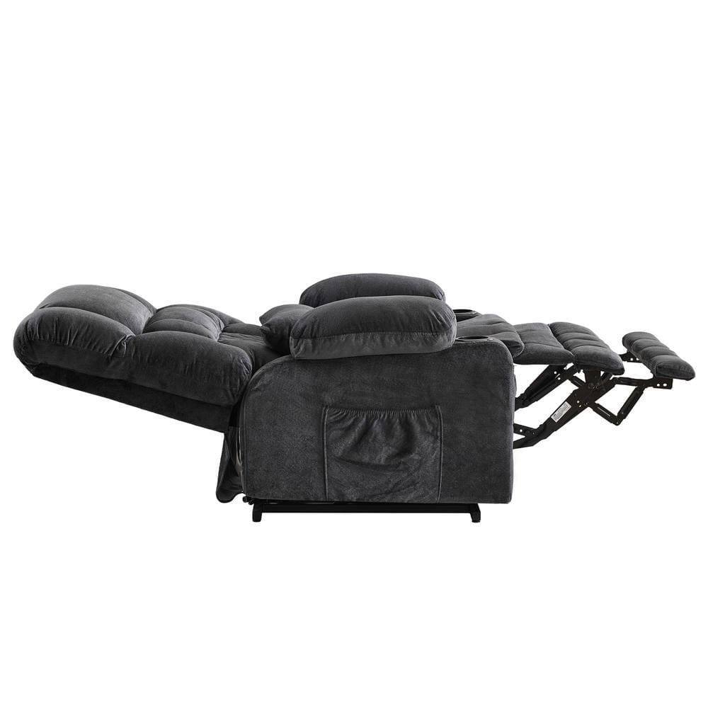 Left. Kadyn - Dual Motor Power Lift Recliner, Lay-Flat 180°, Kneading Massage & Heat, USB Ports - Gray.