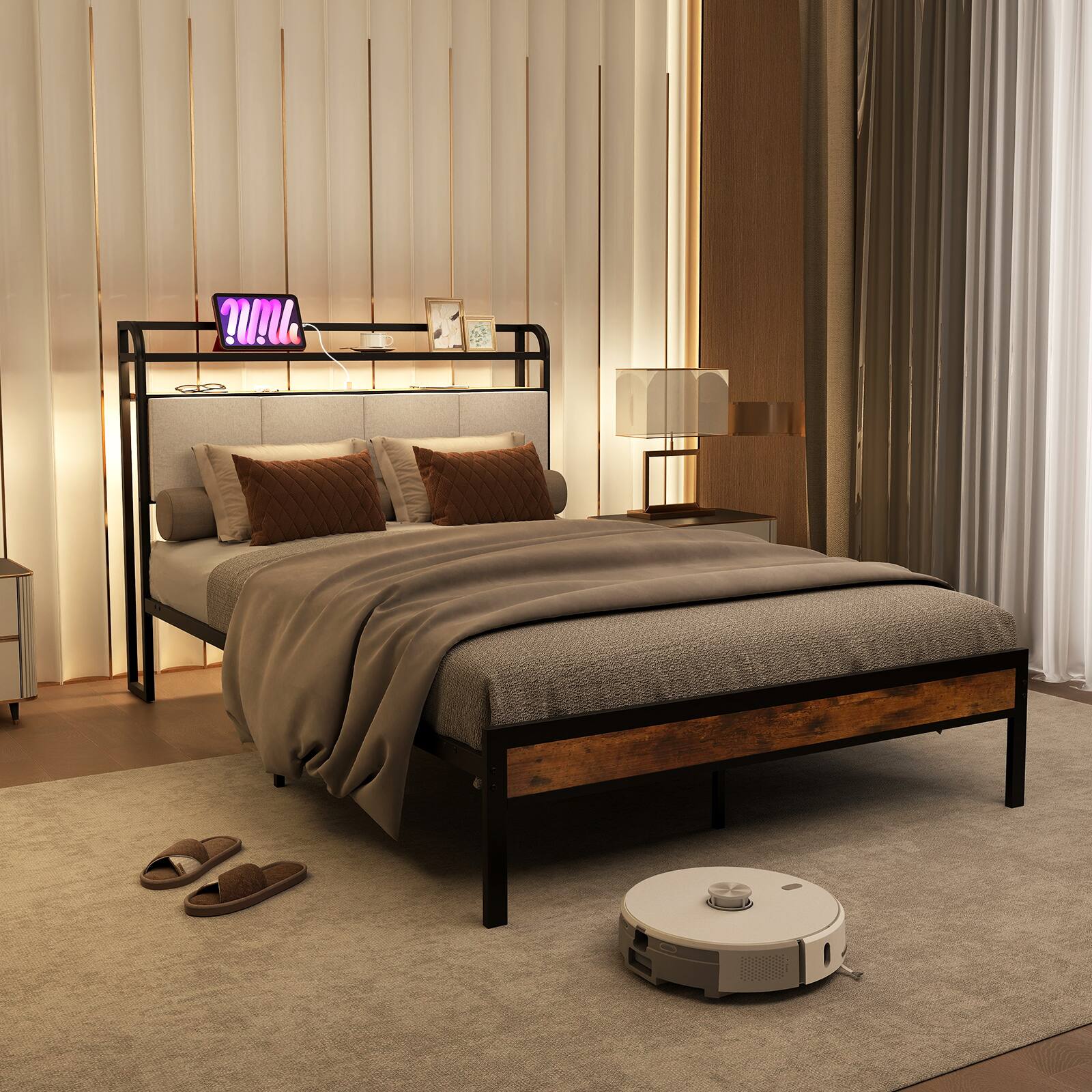 Alt View 3. Costway - Costway Full Size Bed Frame w/ Charging Station Metal Platform Bed w/Upholstered Headboard - Rustic Brown,Black,Grey.