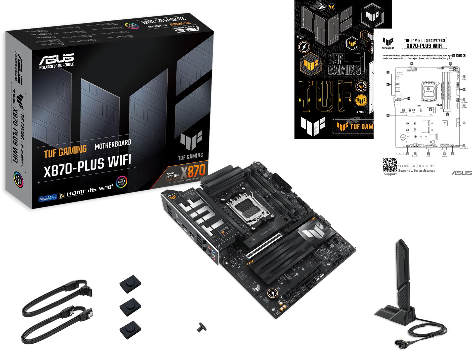 The image features a box for an Asus X870-Plus motherboard, which is designed for gaming and has Wi-Fi capabilities. The box is open, revealing the motherboard and its components. The motherboard is placed on top of a desk, and there are several other items around it, such as a computer mouse and a keyboard. The image also includes a diagram of the motherboard, providing a visual representation of its internal components.