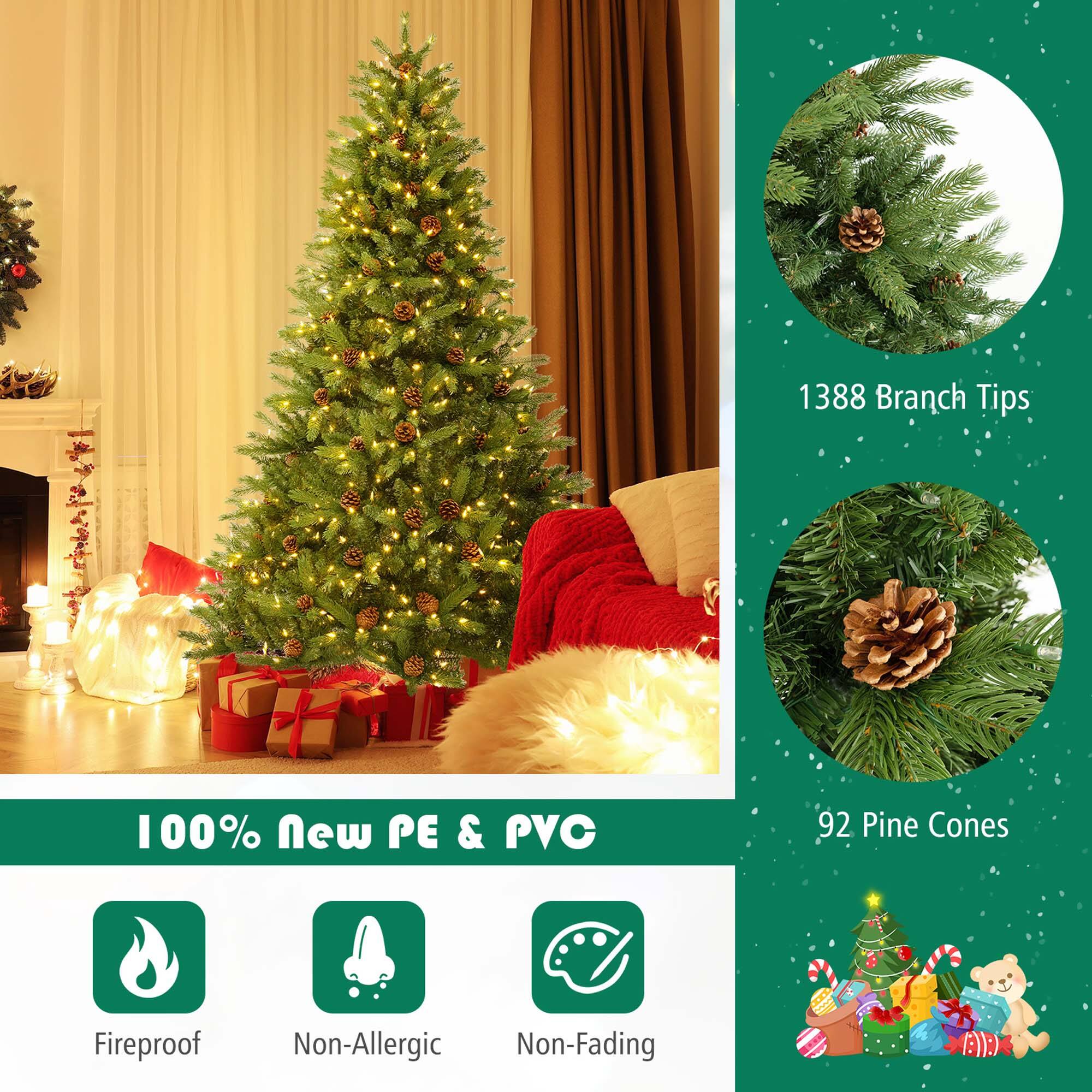 The text on the image is grouped as follows:

1. 1388 Branch Tips
2. 100% New PE & PVC
3. 92 Pine Cones
4. Fireproof
5. Non-Allergic
6. Non-Fading