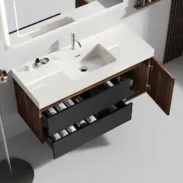 Boyel Living - 48 in. Walnut Bathroom Vanity with Glossy White Solid Surface Sink, Wall Mounted Floating, Pre-Assembled - Black+Brown