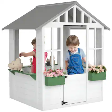 Front. Outsunny - Kids Wooden Playhouse, Outdoor Garden Games Cottage, Working Door, Windows, Flowers Pot Holder, 47" x 38" x 54".