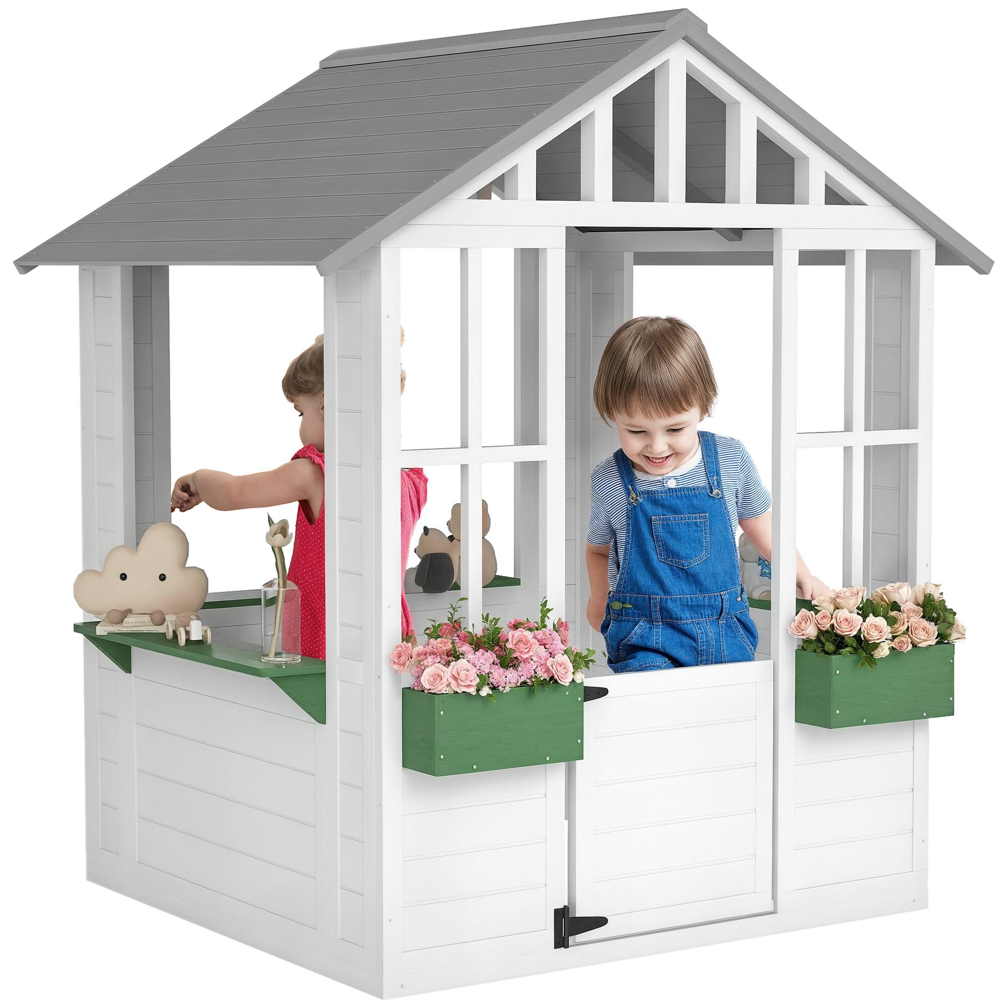 Front. Outsunny - Kids Wooden Playhouse, Outdoor Garden Games Cottage, Working Door, Windows, Flowers Pot Holder, 47" x 38" x 54".
