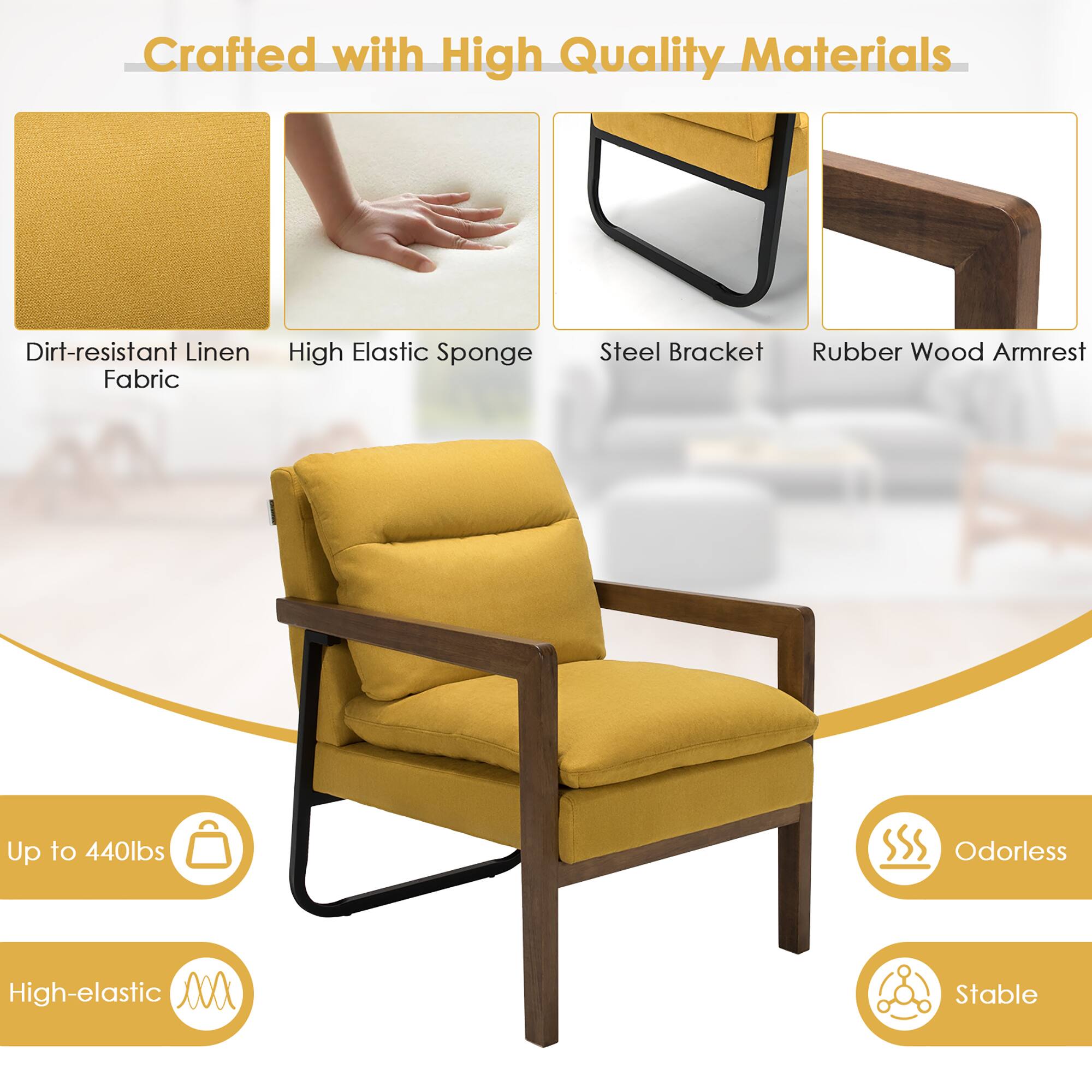 Crafted with High Quality Materials

- Dirt-resistant Linen Fabric
- High Elastic Sponge
- Steel Bracket
- Rubber Wood Armrest

Up to 440lbs

Odorless

High-elastic

Stable