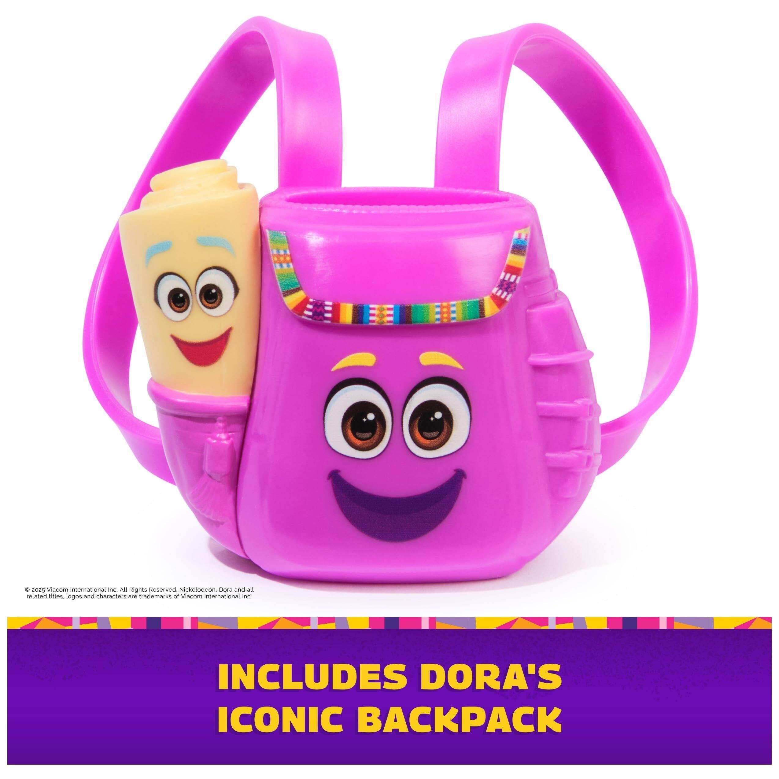 - Pes viamim orneenational i AB seignits  
  Ninirkron Con a reiatuus emes hurgrins 1 charariers  
  - tranmmarks a Vianm international N  
  INCLUDES DORA'S ICONIC BACKPACK

© 2025 Viacom International Inc. All Rights Reserved. Nicktoons, Dora and all related titles, logos and characters are trademarks of Viacom International Inc.