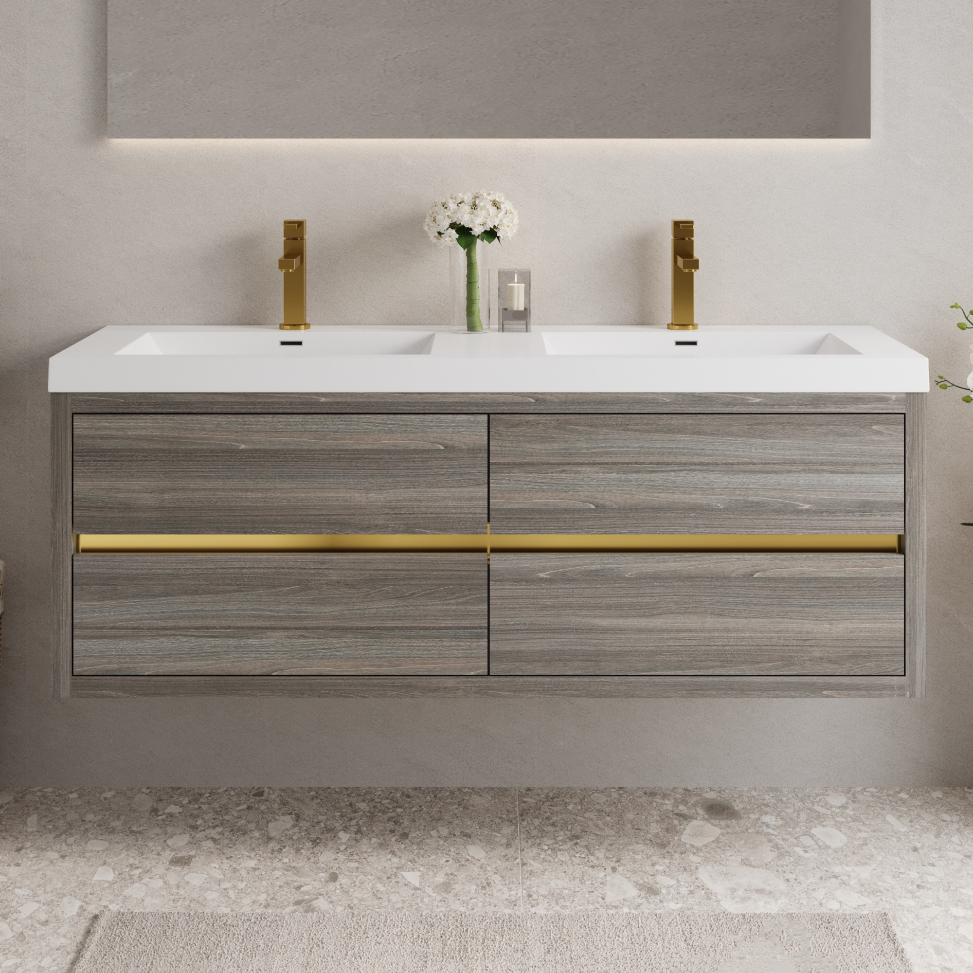 Alt View 1. Boyel Living - 60In Wall Mounted Bathroom Vanity Double Sinks Ash Grey Stone Resin Countertop Soft Close Drawers - Grey Ash.