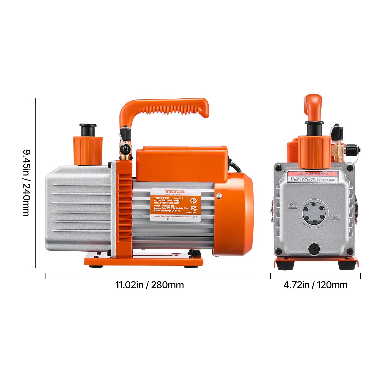 240mm 9.45in/240mm  
VEVOR  
11.02in / 280mm  
4.72in / 120mm