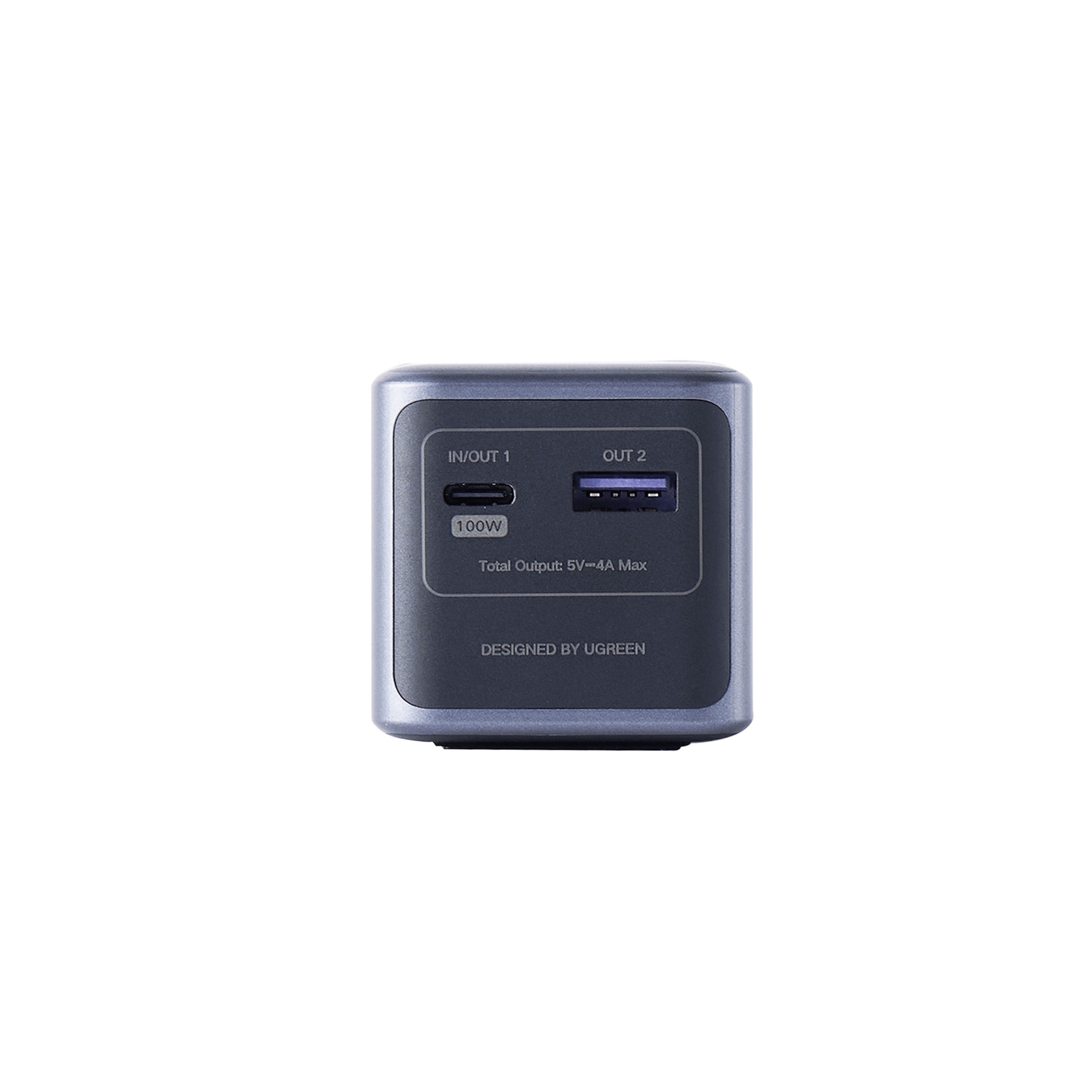 The image features a small electronic device with a USB port. The device has a total output of 5V-4A and is designed by UGreen. It has an IN/OUT 1 OUT 2 I 00W Total Output.