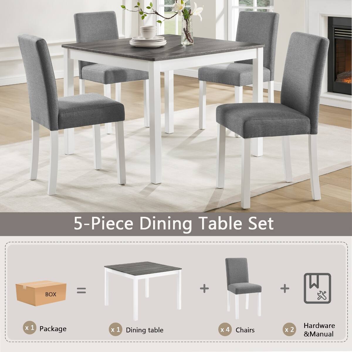 5-Piece Dining Table Set

BOX = x1 Package + x1 Dining table + x4 Chairs + Hardware x2 & Manual