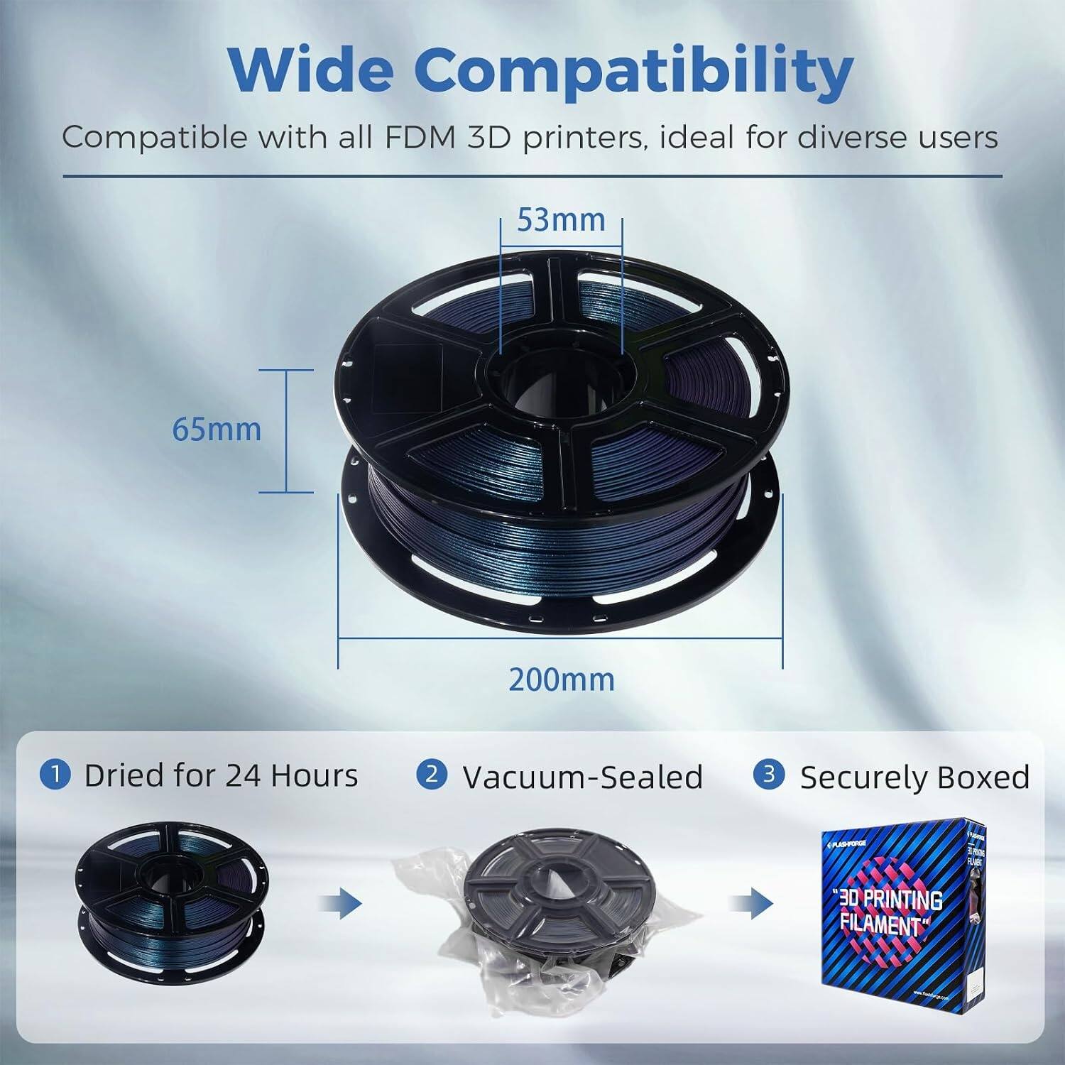 Wide Compatibility  
Compatible with all FDM 3D printers, ideal for diverse users  

53mm  
65mm  
200mm  

1. Dried for 24 Hours  
2. Vacuum-Sealed  
3. Securely Boxed  

PLA 3D PRINTING FILAMENT