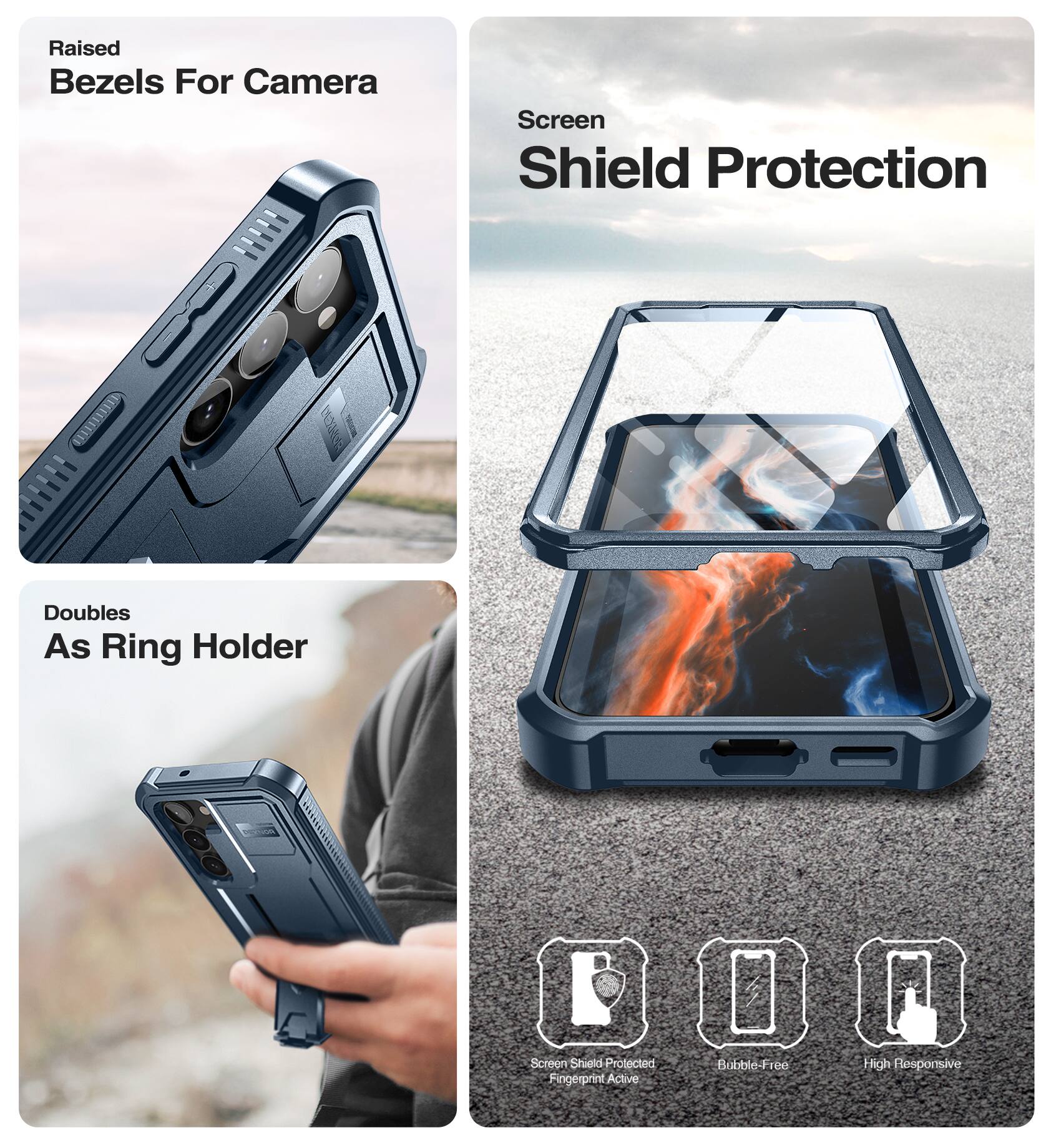 Raised Bezels For Camera, Screen Shield Protection, Doubles As Ring Holder, Screen Shield Protected, Fingerprint Active, Bubble-Free, High Responsive