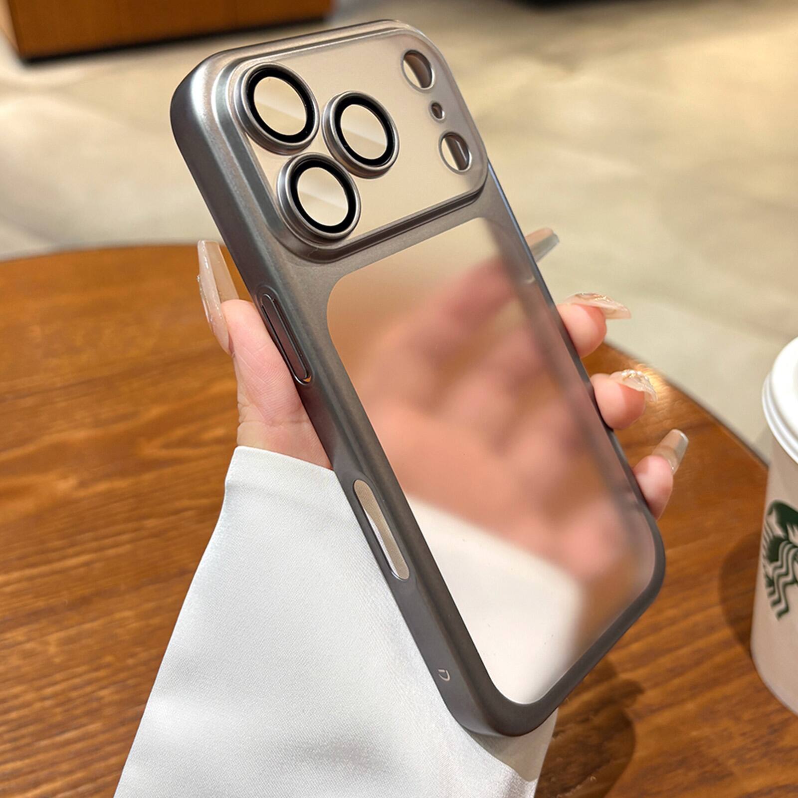 Left. Dteck - Matte Slim Case For iPhone 17 Pro Max with Camera Lens Screen Protector, Shockproof Plating Frosted Translucent Cover - Gray.