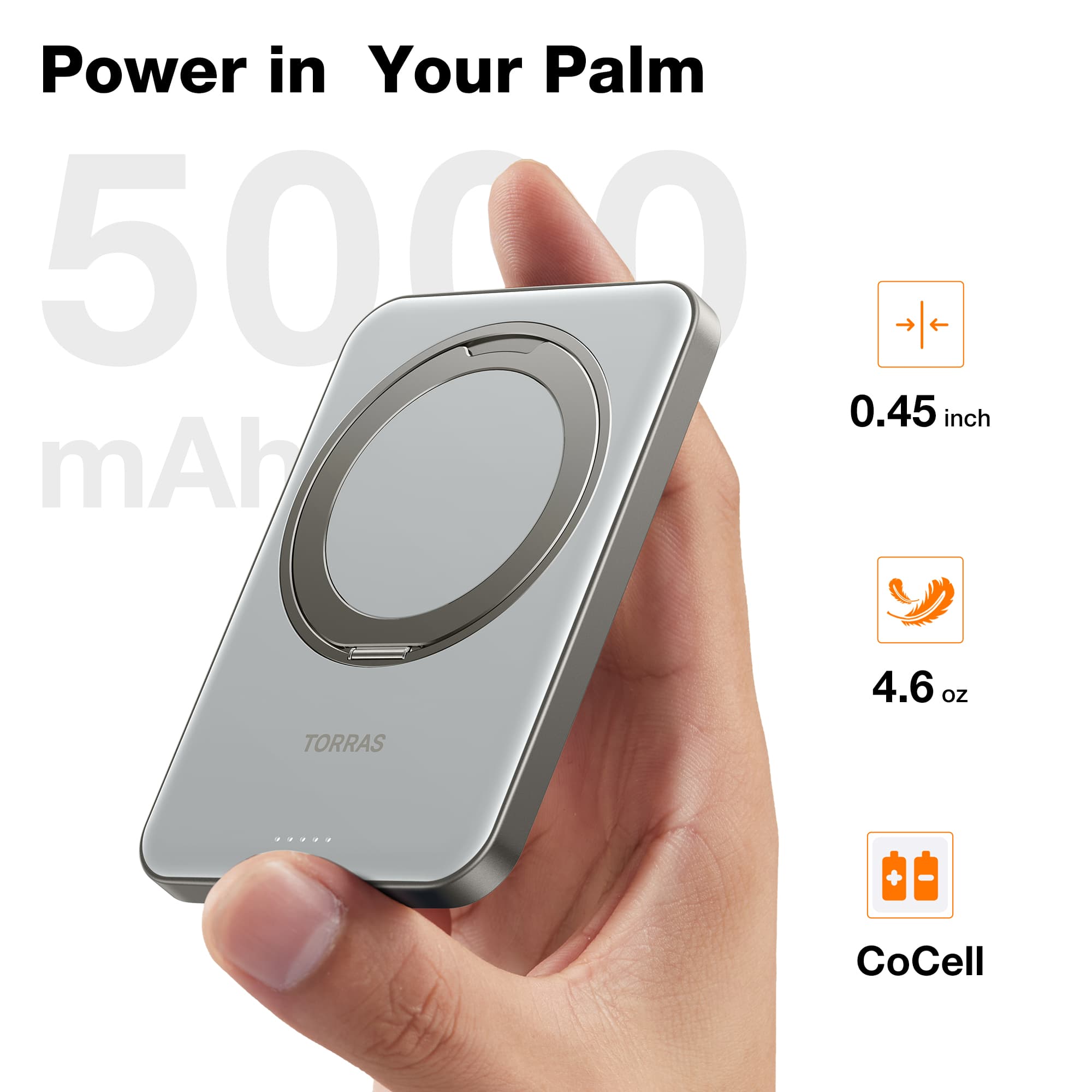 Power in Your Palm 5000 mAh gadget, Torras 4.6 oz CoCell.