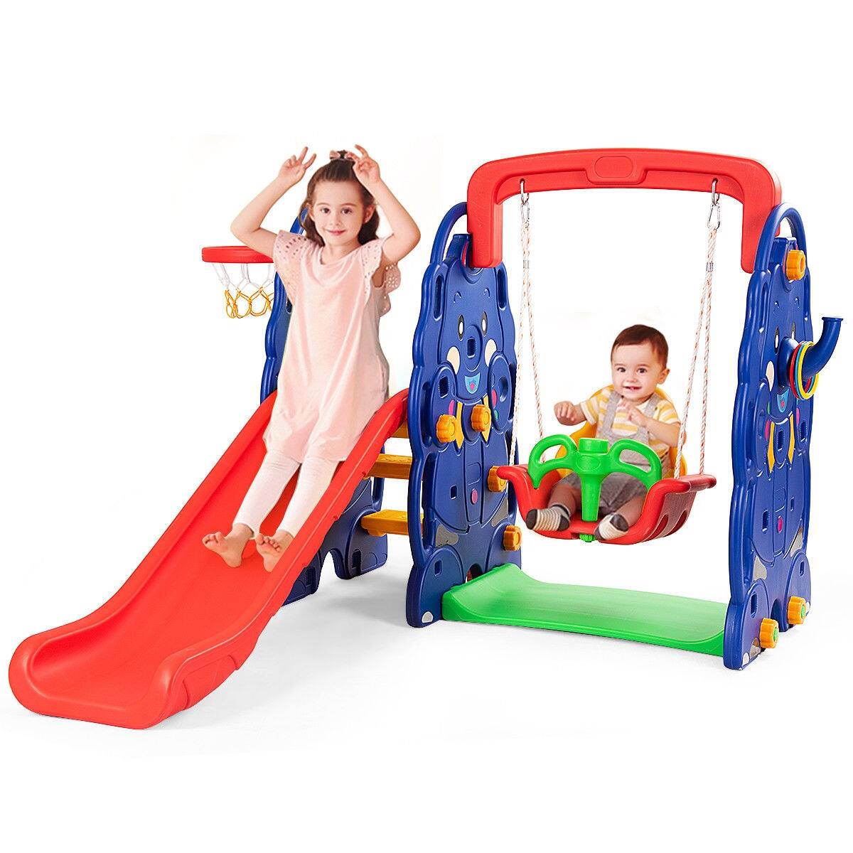 Alt View 1. SlickBlue - 3-in-1 Junior Kids Climber with Slide, Swing Seat, and Basketball Hoop - HDPE.