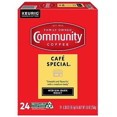KEURIG  
GENUINE K-CUP PODS  

EST. 1919  
FAMILY OWNED  
Community Coffee  

CAFÉ SPECIAL  
"Smooth and flavorful with a medium body"  
MEDIUM-DARK ROAST  

24 RECYCLABLE K-CUP PODS  
24 - 0.38 OZ (10.7g)/EA  
NET WT 9.0 OZ (256g)