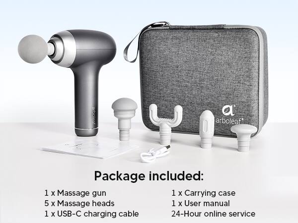 arboleaf

Package included:

1 x Massage gun  
5 x Massage heads  
1 x USB-C charging cable  
1 x Carrying case  
1 x User manual  
24-Hour online service