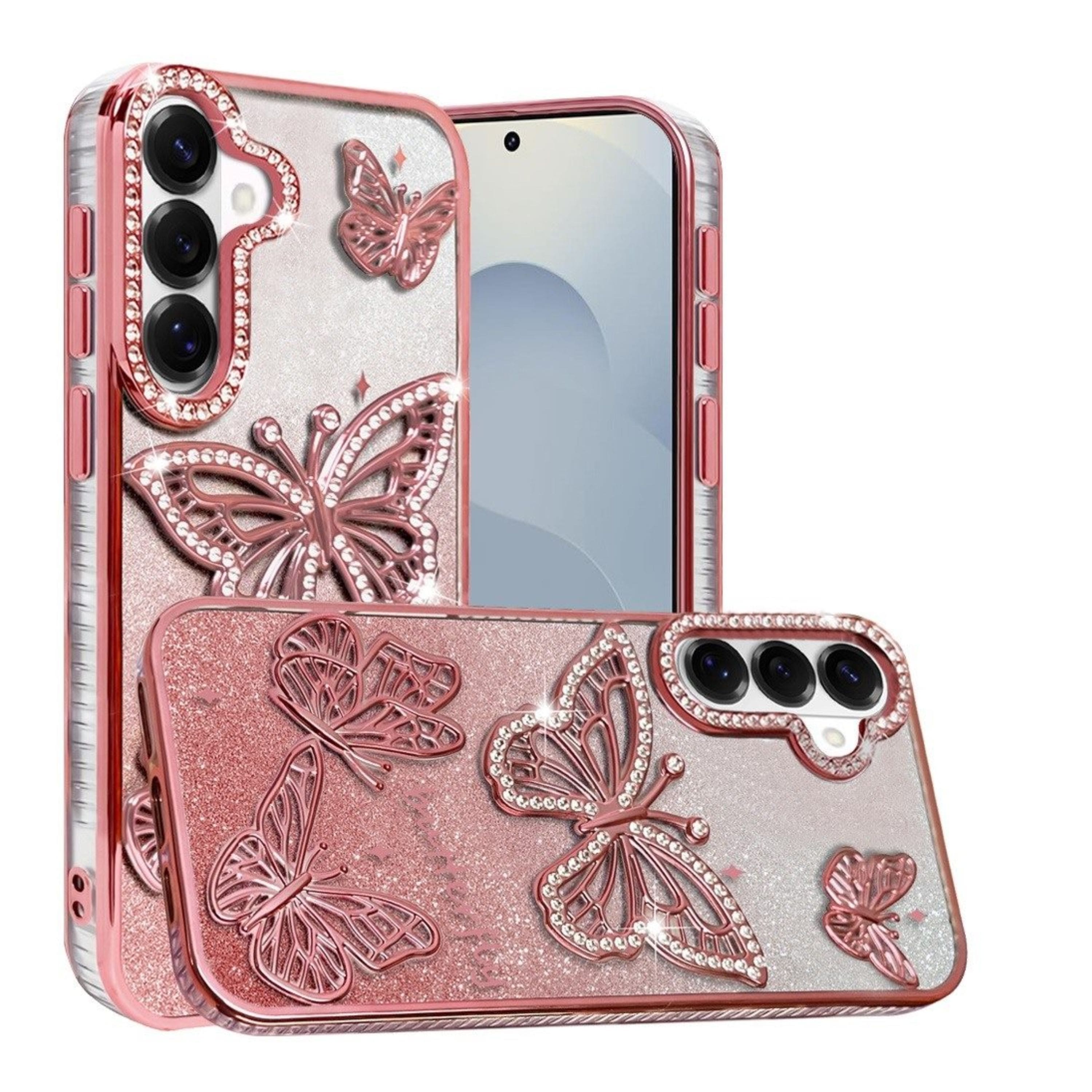 Kitcheniva - 3D Butterflies Glitter Phone Case With Tempered Glass For Samsung S26+ - Rose Gold price history on PriceWatchPro
