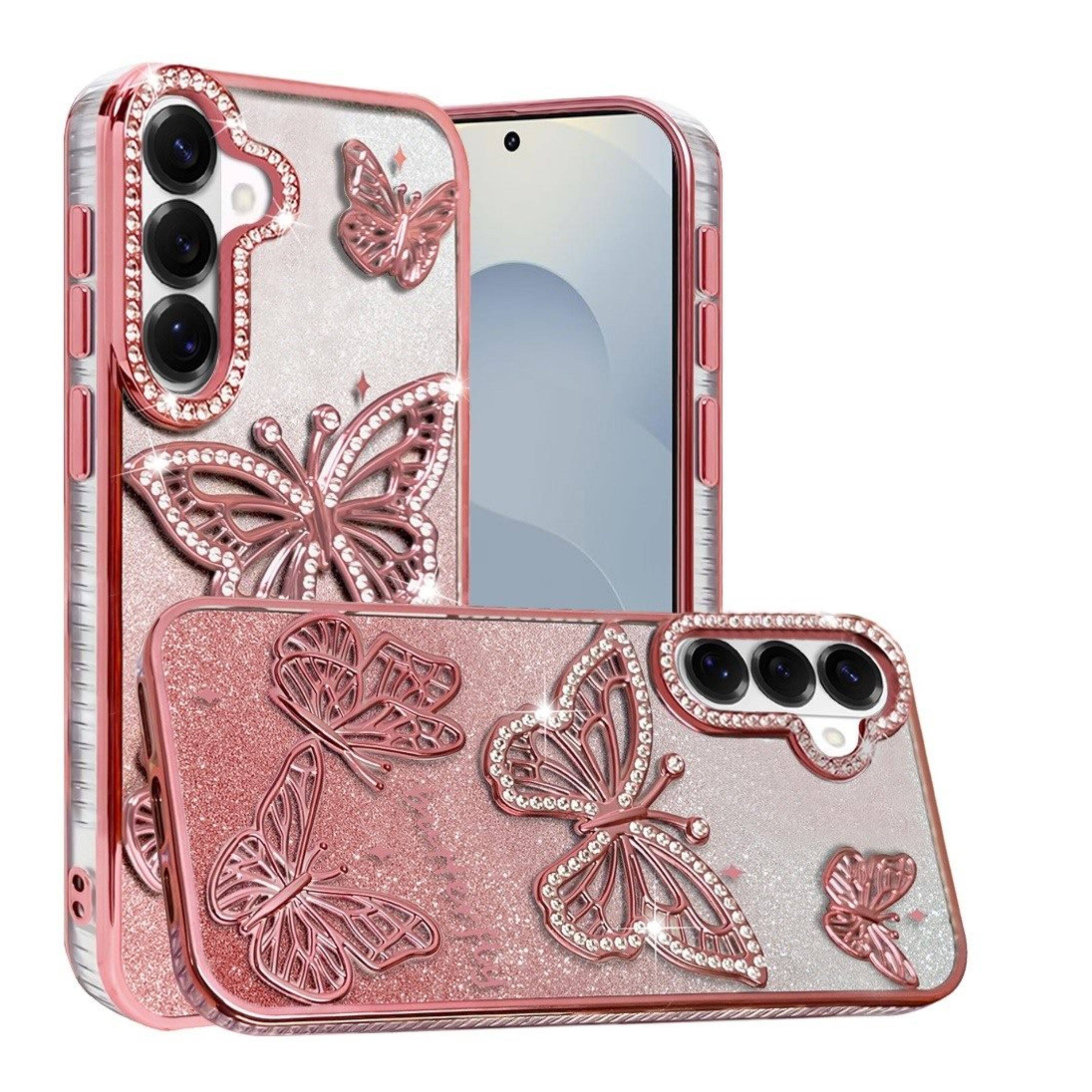 Front. Kitcheniva - 3D Butterflies Glitter Phone Case With Tempered Glass For Samsung S26+ Rose Gold - Rose Gold.