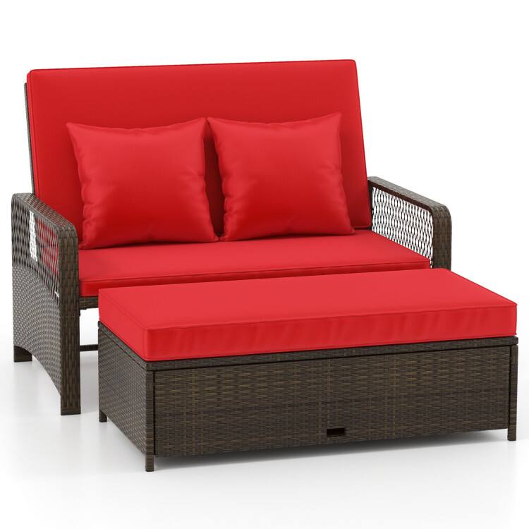 Front. SlickBlue - Outdoor Wicker Daybed with Adjustable 4-Level Backrest and Soft Cushions - Red.