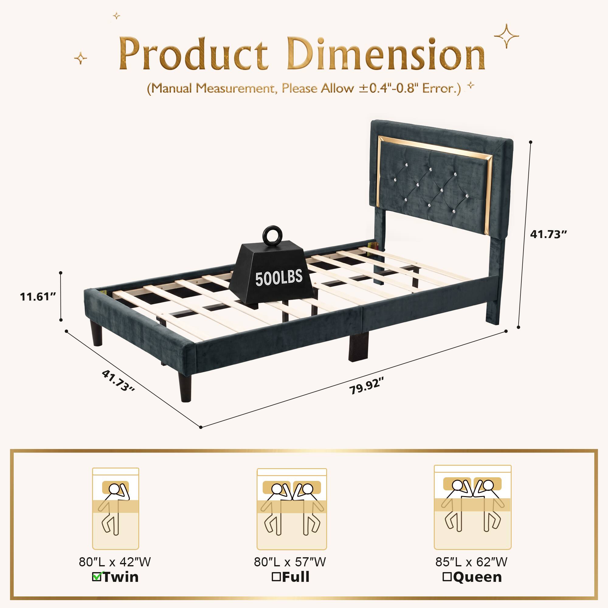Product Dimension Measurement, Please Allow 0.4"-0.8" + (Manual Error.)

41.73" 11.61" 500LBS 41.73" 79.92" 80"L x 42"W MTwin 80"L x 57"W OFull 85"L x 62"W OQueen
