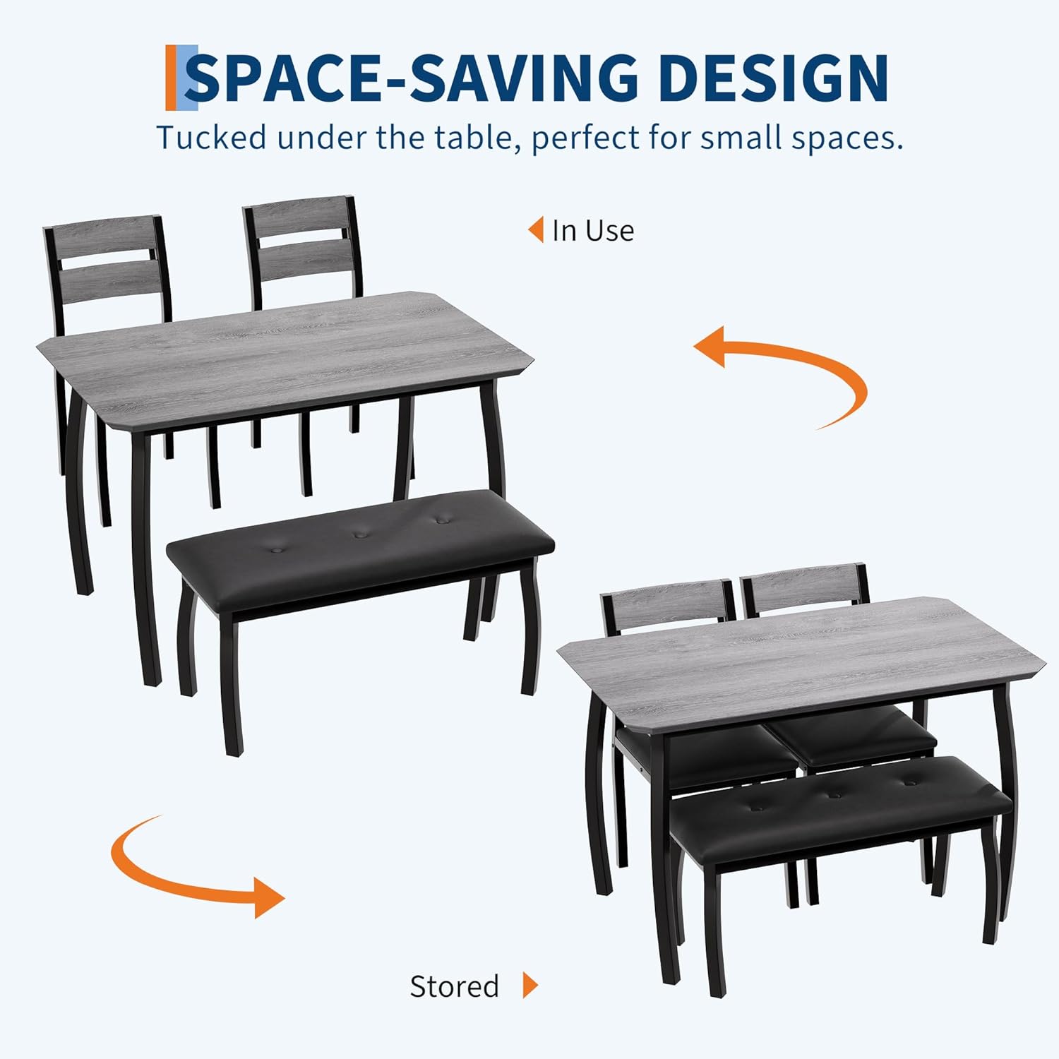 SPACE-SAVING DESIGN  
Tucked under the table, perfect for small spaces.  

In Use  
Stored