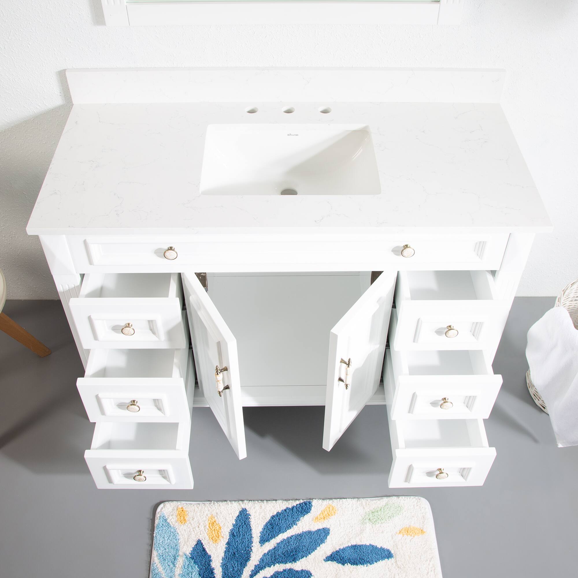 Back. WELLFOR - ARTWOOD 48 in. Solid Wood Bath Vanity with Quartz Top, Single Sink, Soft Close, Assembled - White.