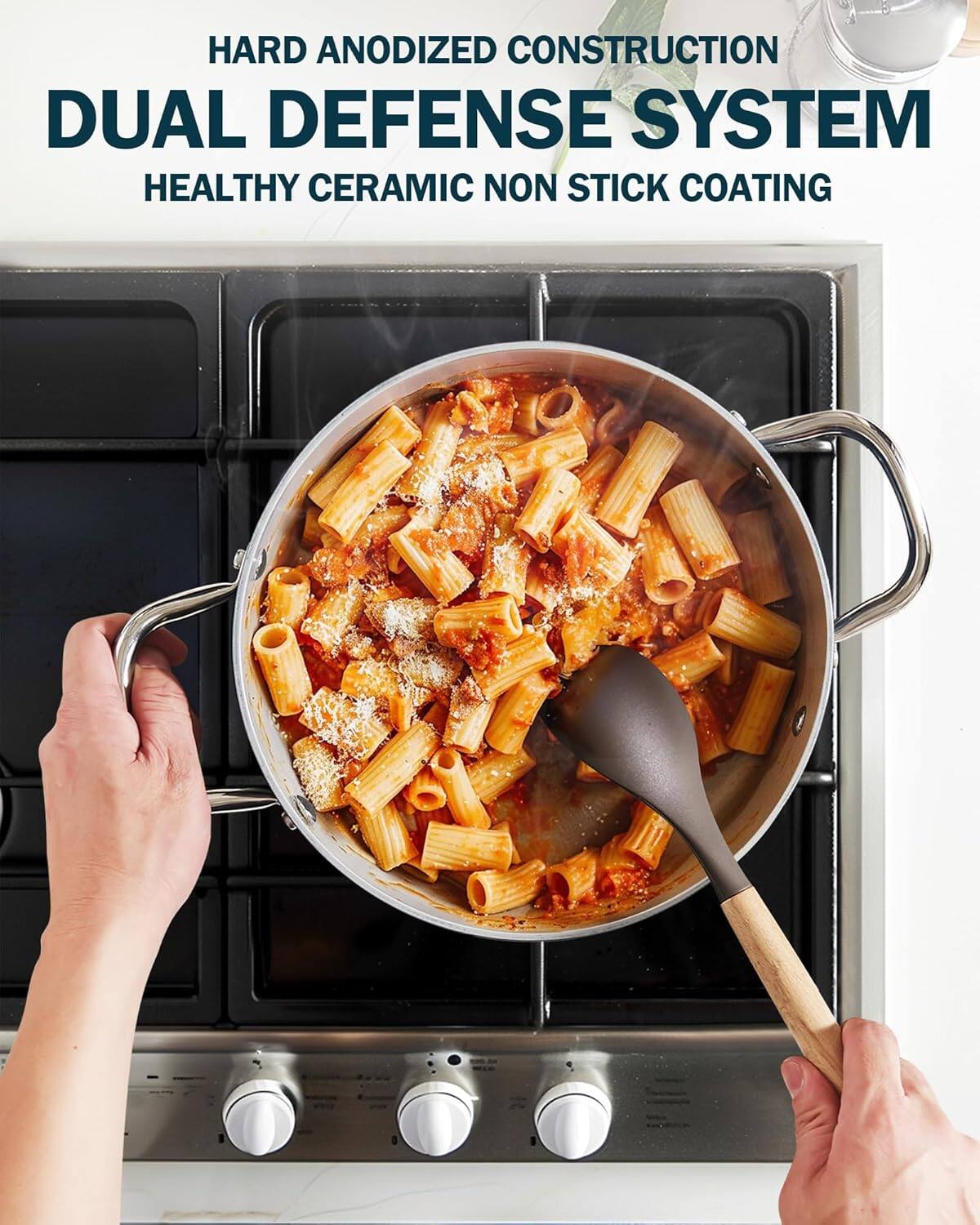HARD ANODIZED CONSTRUCTION  
DUAL DEFENSE SYSTEM  
HEALTHY CERAMIC NON STICK COATING