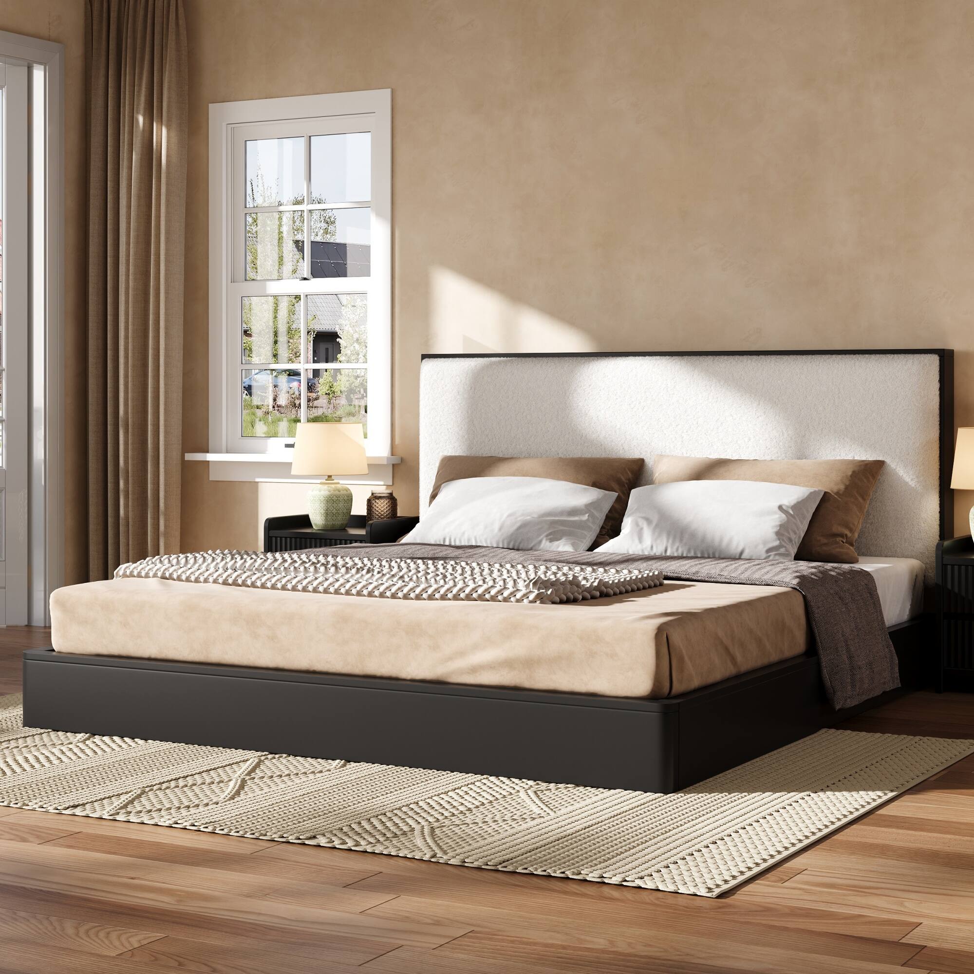 Left. Whisen - King Size Platform Bed Frame with Upholstered Headboard - Black.