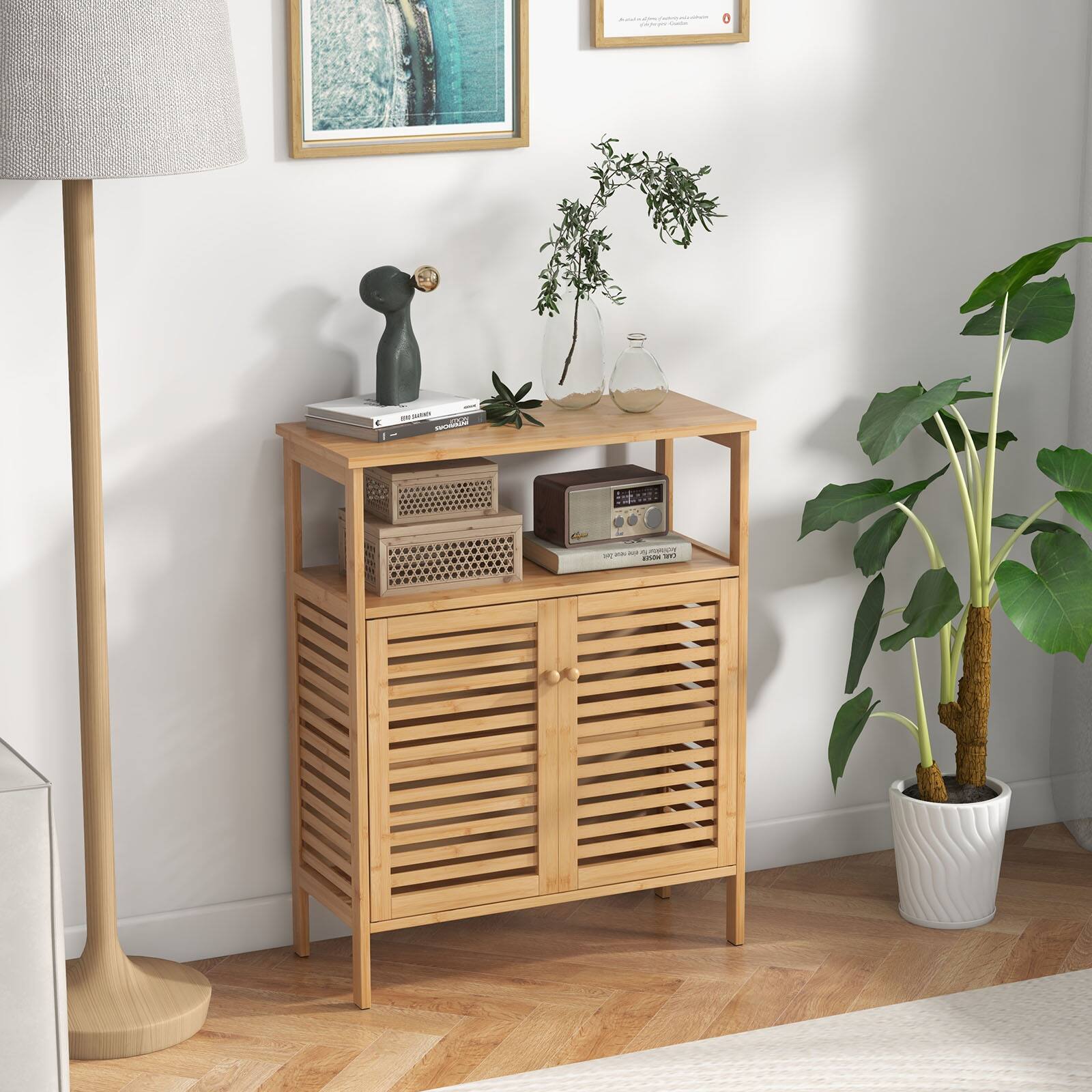 Alt View 1. Ecooso - Bamboo Freestanding Bathroom Storage Cabinet with Shutter Doors and Shelf - Natural.