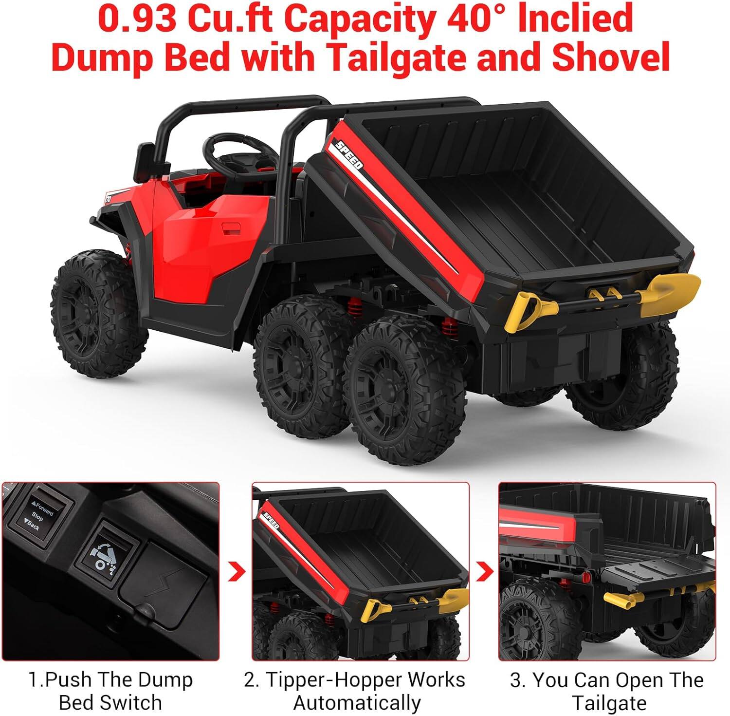 0.93 Cu.ft Capacity 40° Inclined Dump Bed with Tailgate and Shovel

1. Push The Dump Bed Switch
2. Tipper-Hopper Works Automatically
3. You Can Open The Tailgate