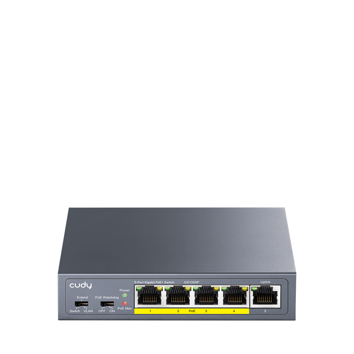 cudy
5-Port Gigabit PoE+ Switch
GS1005P
Extend
POE Watchdog
Power
Switch
VLAN
OFF
POE Max
1
2
3
4
5
Uplink
