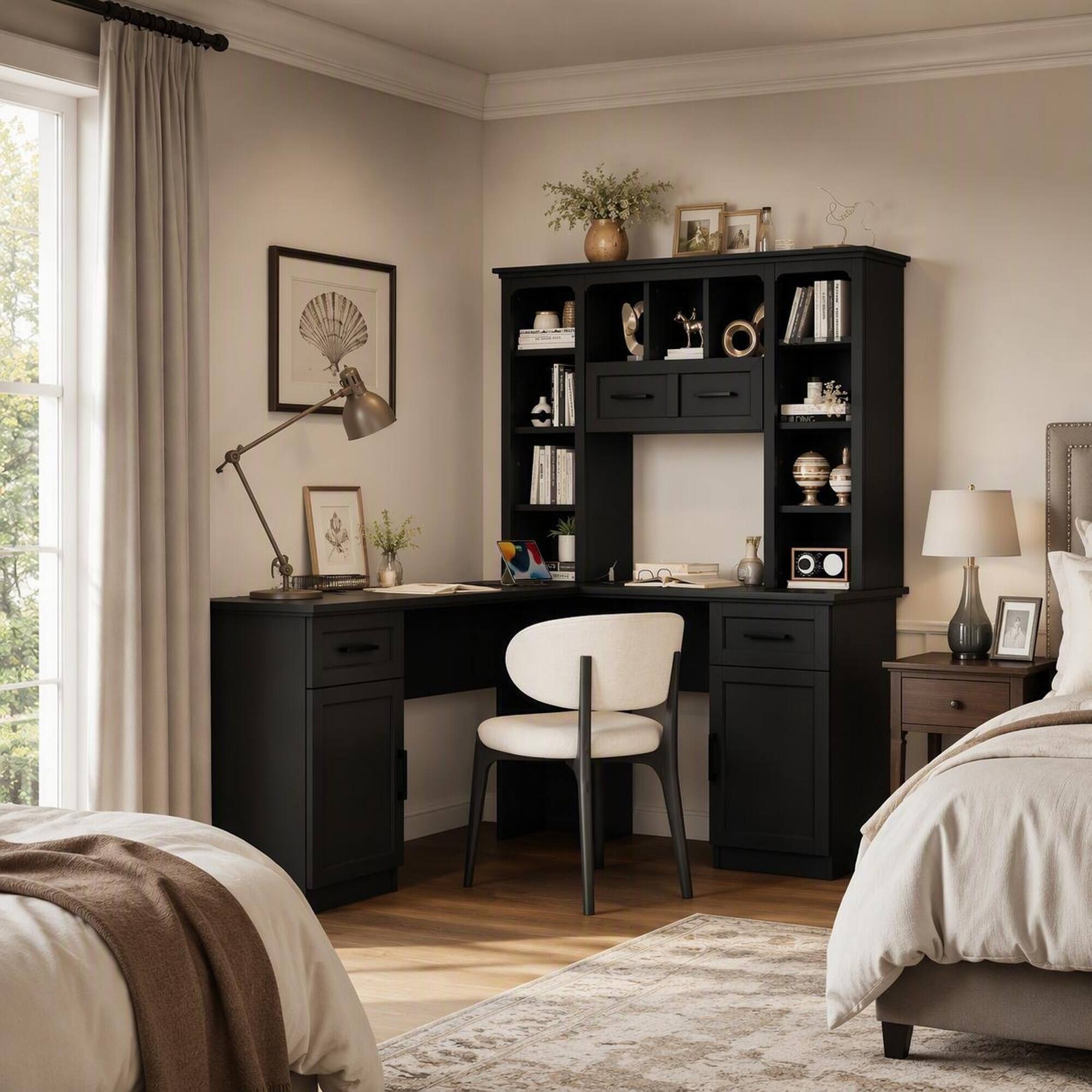 Left. RYHNUYNE - L-Shaped Computer Desk, 65 x 52 Inches, Black MDF, 2 Cabinets, 2 Drawers, 11 Open Shelves, Flip-Up Storage, for Study - Black.