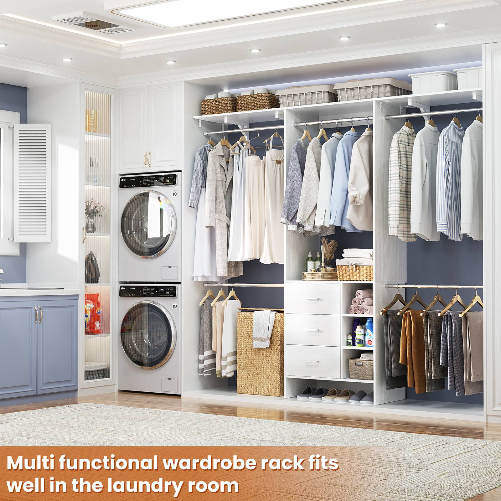 Multi functional wardrobe rack fits well in the laundry room