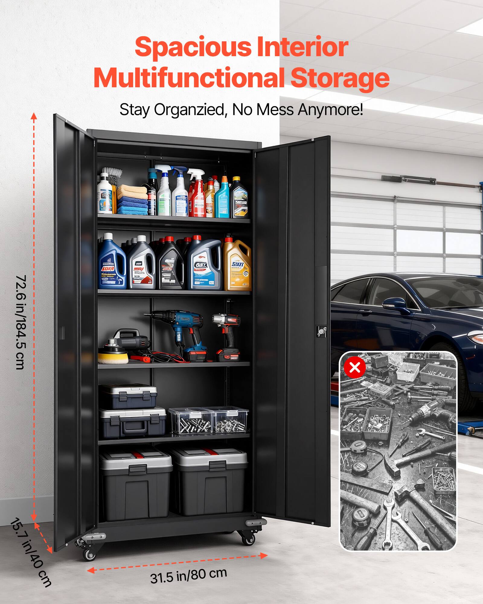 Spacious Interior Multifunctional Storage  
Stay Organized, No Mess Anymore!  

- 72.6 in/184.5 cm  
- 15.7 in/40 cm  
- 31.5 in/80 cm