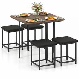 Gymax - Kitchen Table w/4 Upholstered Stools Kitchen Dining Set w/Footrests Metal Frame Rustic Black - Brown