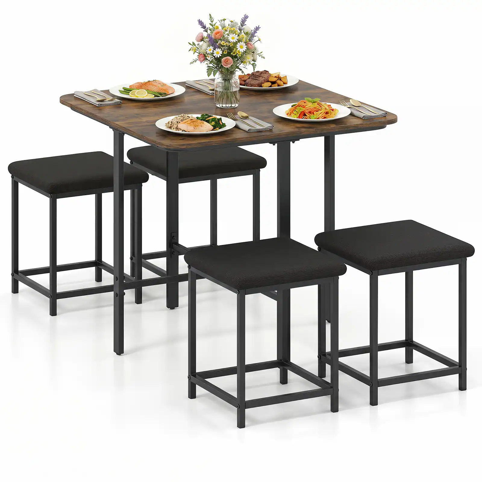 Front. Gymax - Gymax Kitchen Table w/4 Upholstered Stools Kitchen Dining Set w/Footrests Metal Frame Rustic Brown & Black - Brown.