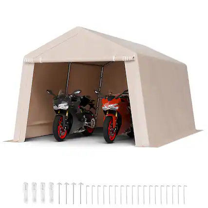 Front. VEVOR - Outdoor Storage Shed, 10 x 15 ft Tent with Roll-up Door & Vents, Waterproof Canopy Shed Shelter, Heavy Duty Frame - Beige.