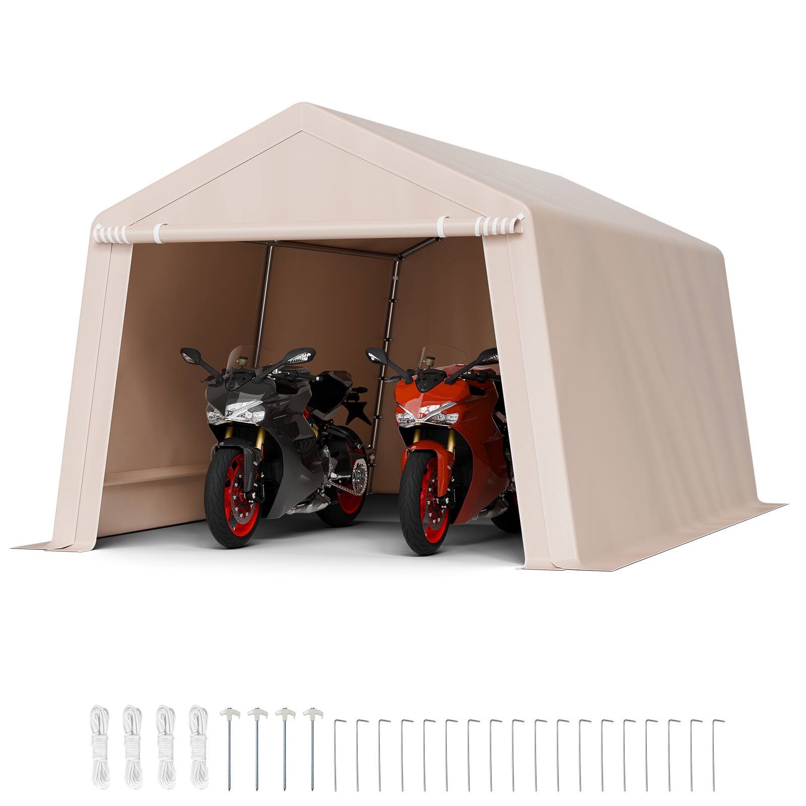 Front. VEVOR - Outdoor Storage Shed, 10 x 15 ft Tent with Roll-up Door & Vents, Waterproof Canopy Shed Shelter, Heavy Duty Frame - Beige.