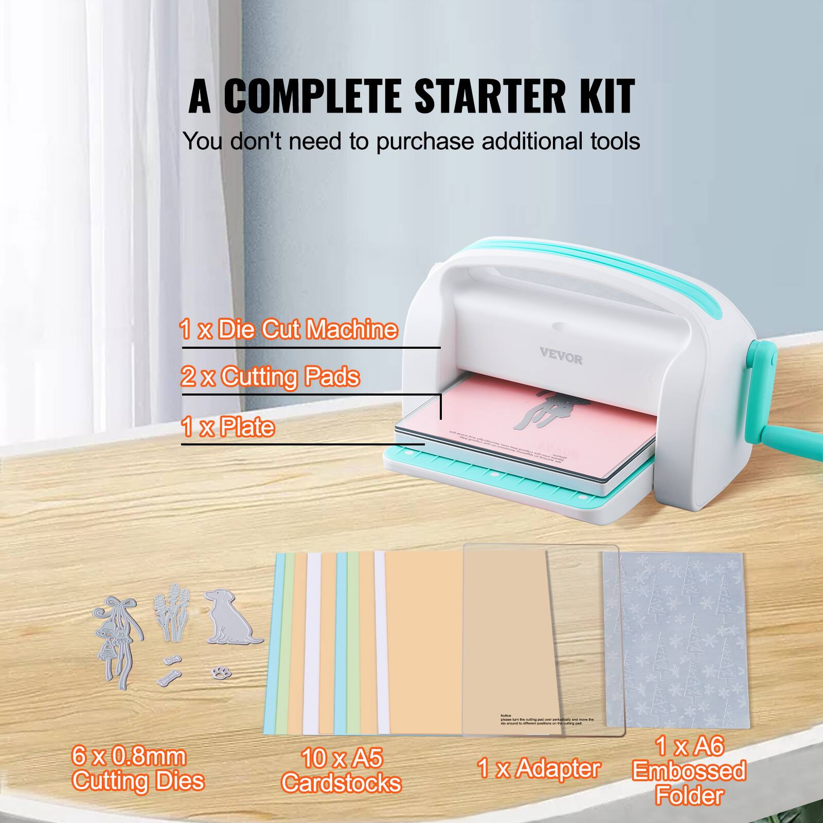 A COMPLETE STARTER KIT  
You don't need to purchase additional tools

1 x Die Cut Machine  
2 x Cutting Pads  
1 x Plate  
6 x 0.8mm Cutting Dies  
10 x A5 Cardstocks  
1 x A6  
1 x Adapter  
1 x Embossed Folder