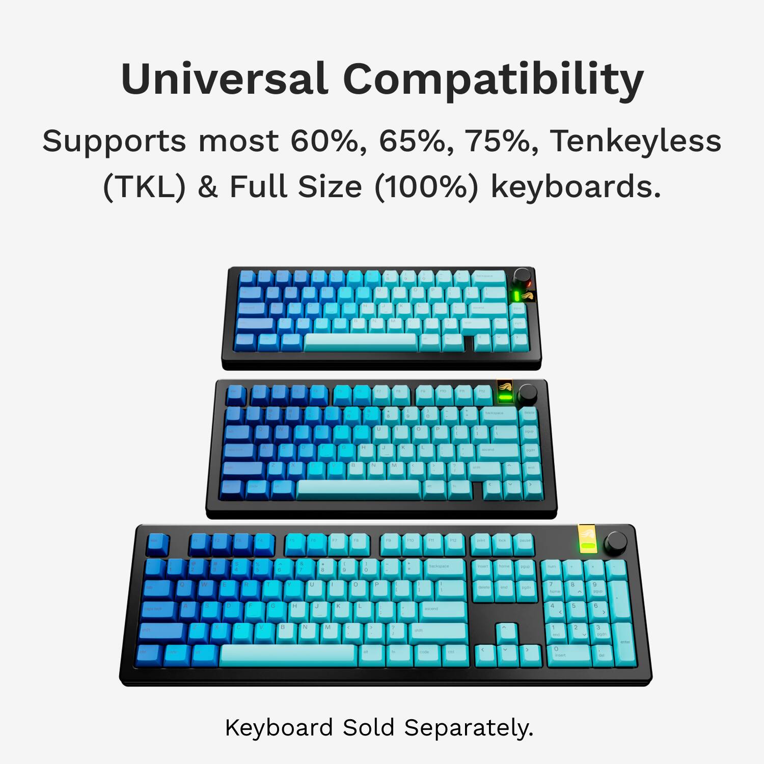 Universal Compatibility: Supports most 60%, 65%, 75%, Tenkeyless (TKL) & Full Size (100%) keyboards. Keyboard Sold Separately.