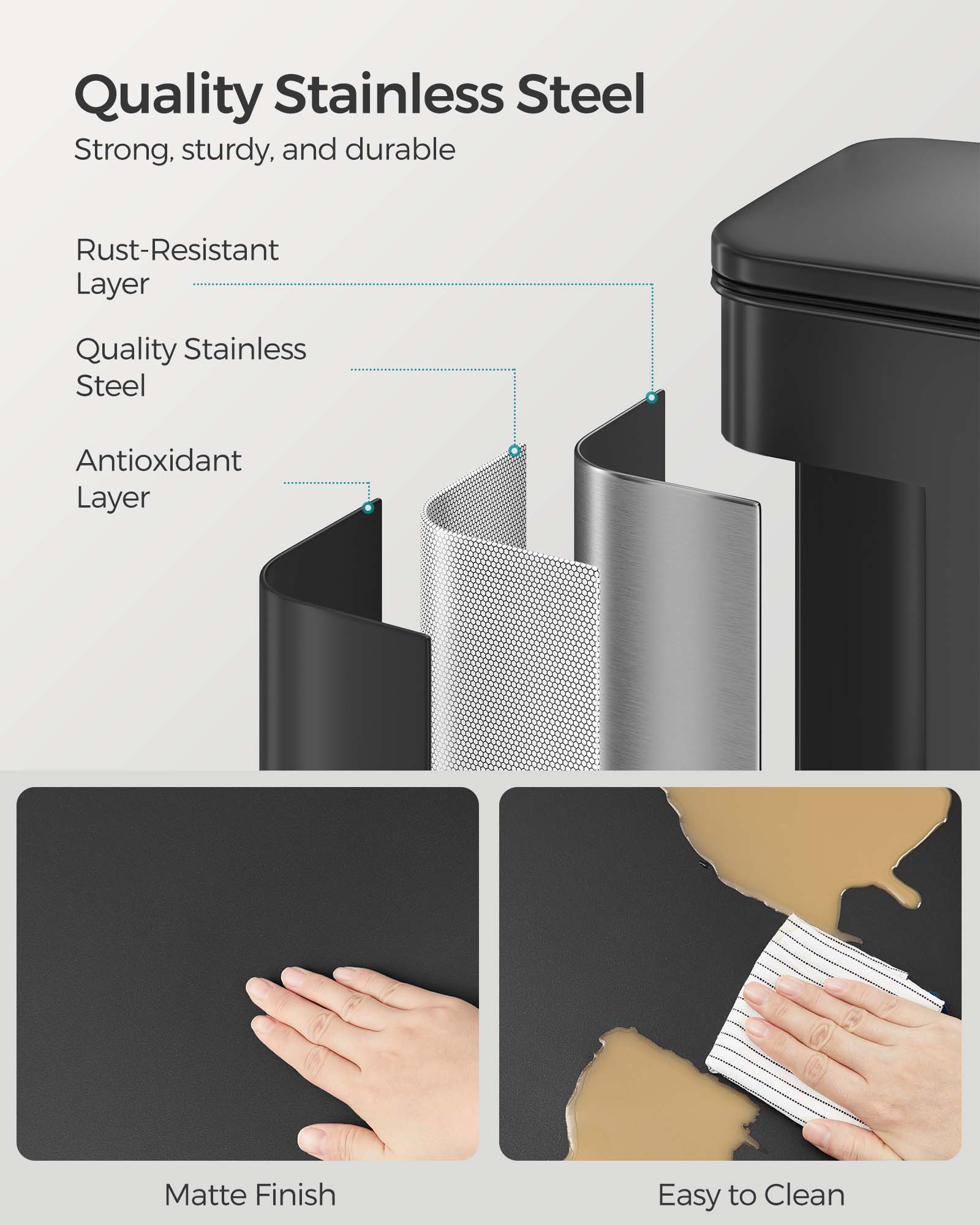 Quality Stainless Steel

Strong, sturdy, and durable

Rust-Resistant Layer

Quality Stainless Steel

Antioxidant Layer

Matte Finish

Easy to Clean