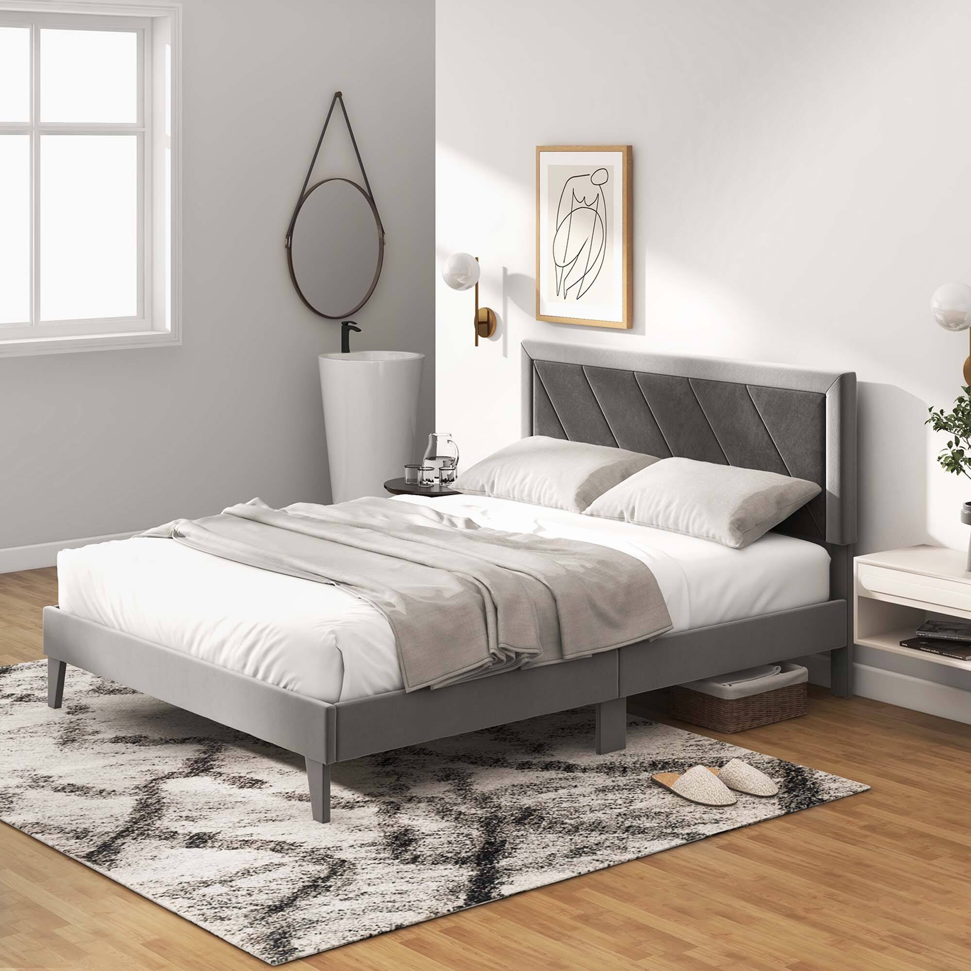 Alt View 9. Costway - Costway Queen Size Bed Frame Upholstered Platform Velvet Headboard Wooden Slats - Gray.