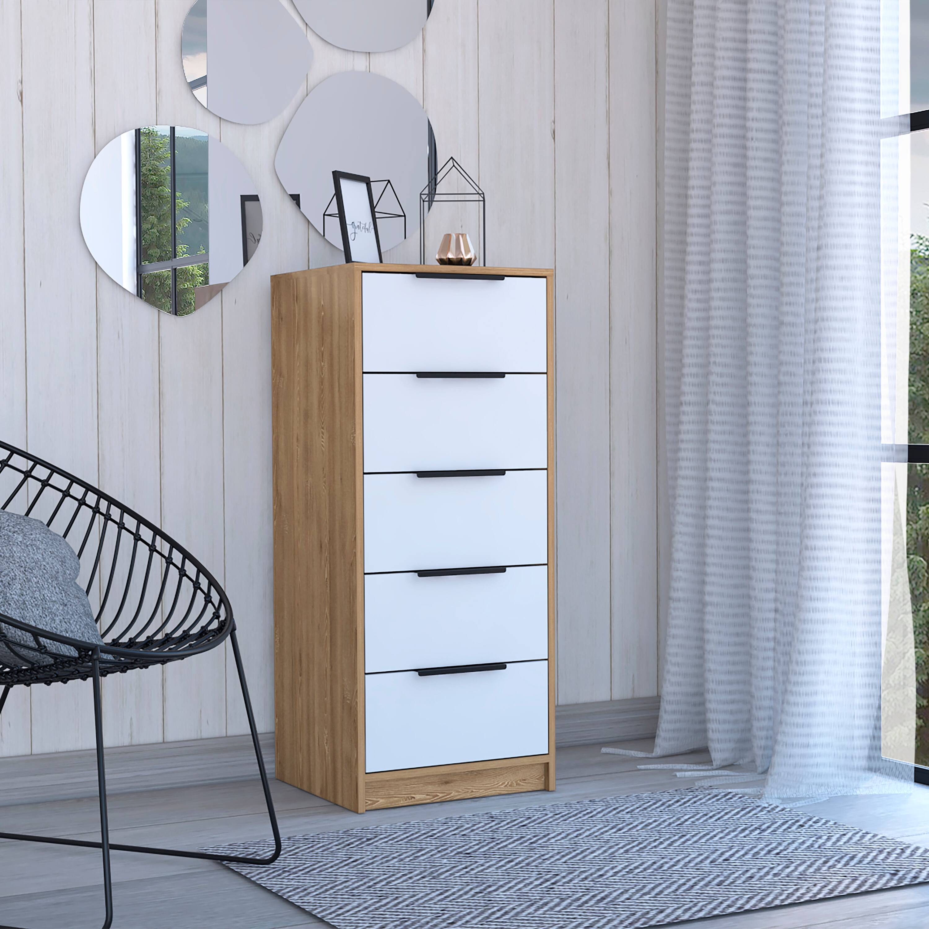Angle. TuHome - Kaia 5 Drawer Dresser, Vertical Dresser - White / Pine.