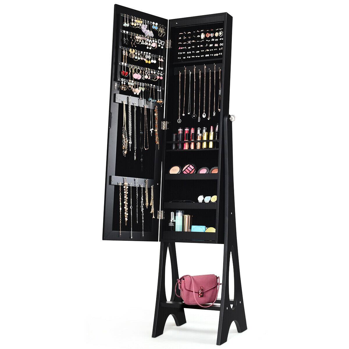 Alt View 18. Costway - LED Jewelry Cabinet Organizer Bevel Edge Mirrored Standing Black - Black.