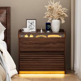 Furnulem - LED Nightstand with Charging Station Wood Bedside Table with Ribbed Drawer Front - Brown