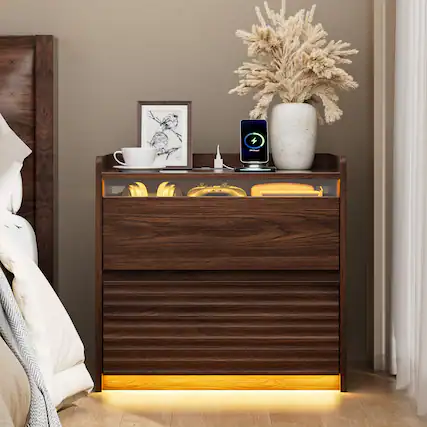 Front. Furnulem - LED Nightstand with Charging Station Wood Bedside Table with Ribbed Drawer Front - Brown.