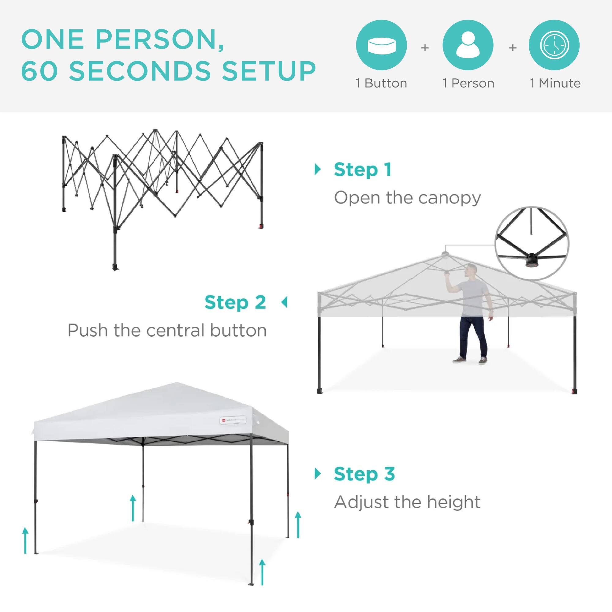 ONE PERSON, 60 SECONDS SETUP

1 Button + 1 Person + 1 Minute

Step 1
Open the canopy

Step 2
Push the central button

Step 3
Adjust the height