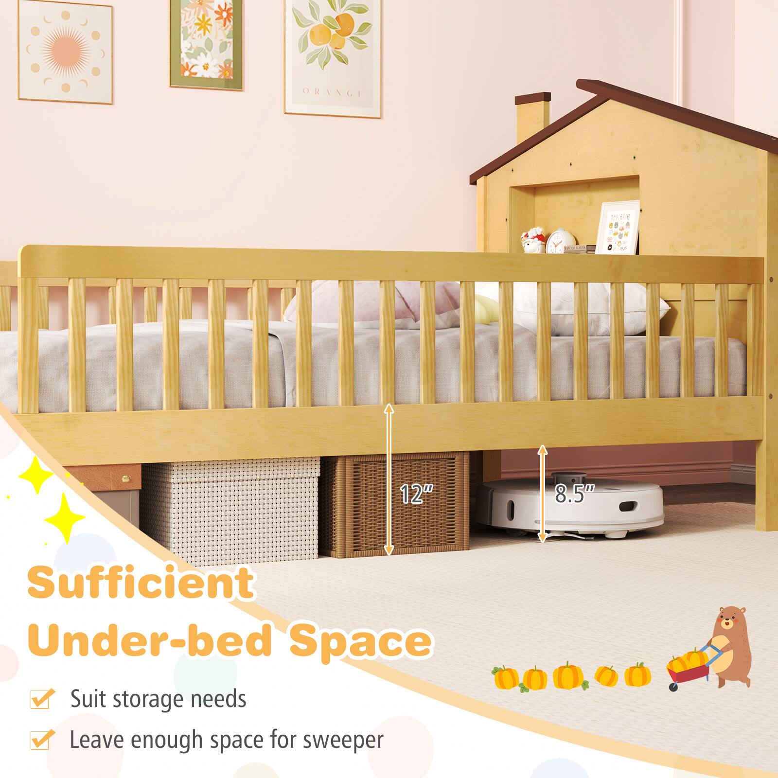 Sufficient Under-bed Space

- Suit storage needs
- Leave enough space for sweeper

12"  
8.5"